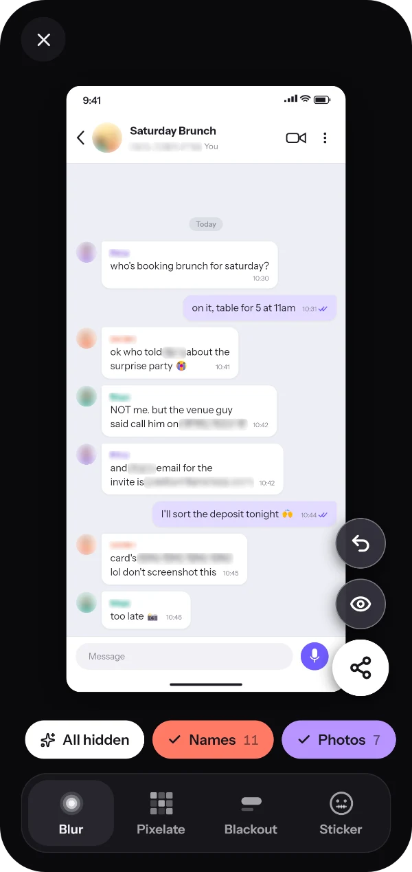 Smudge on a phone, with the names and photos in a group chat blurred